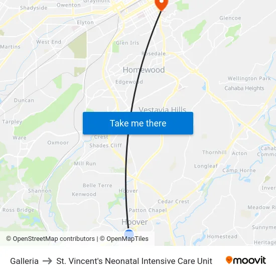 Galleria to St. Vincent's Neonatal Intensive Care Unit map