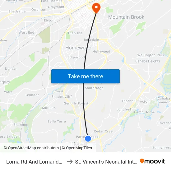 Lorna Rd And Lornaridge Lane (Jacks) to St. Vincent's Neonatal Intensive Care Unit map