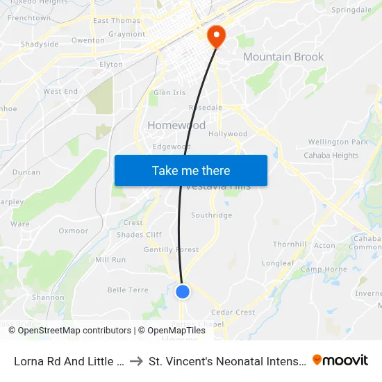 Lorna Rd And Little Valley Rd to St. Vincent's Neonatal Intensive Care Unit map