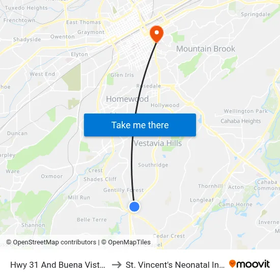 Hwy 31 And Buena Vista Dr. (Quality Inn) to St. Vincent's Neonatal Intensive Care Unit map