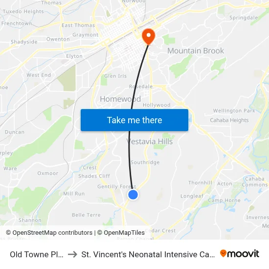 Old Towne Plaza to St. Vincent's Neonatal Intensive Care Unit map