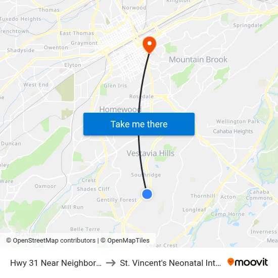 Hwy 31 Near Neighborhood Walmart to St. Vincent's Neonatal Intensive Care Unit map