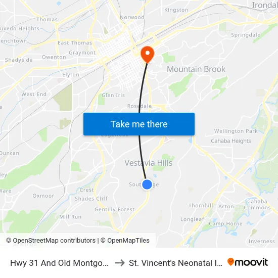 Hwy 31 And Old Montgomery Hwy (Sprouts) to St. Vincent's Neonatal Intensive Care Unit map