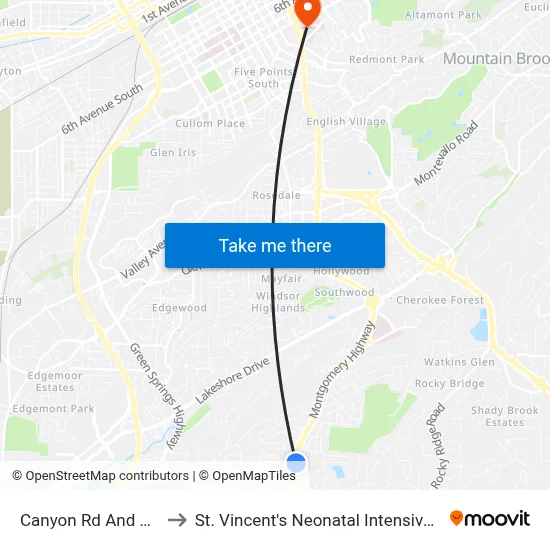 Canyon Rd And Hwy 31 to St. Vincent's Neonatal Intensive Care Unit map