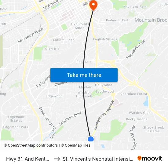 Hwy 31 And Kentucky Ave to St. Vincent's Neonatal Intensive Care Unit map