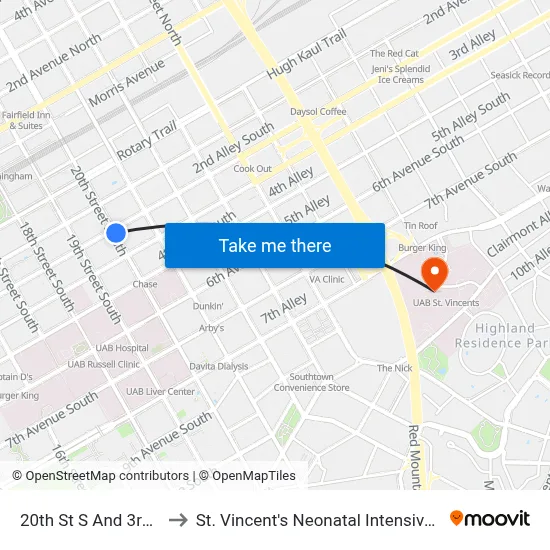 20th St S And 3rd Ave S to St. Vincent's Neonatal Intensive Care Unit map