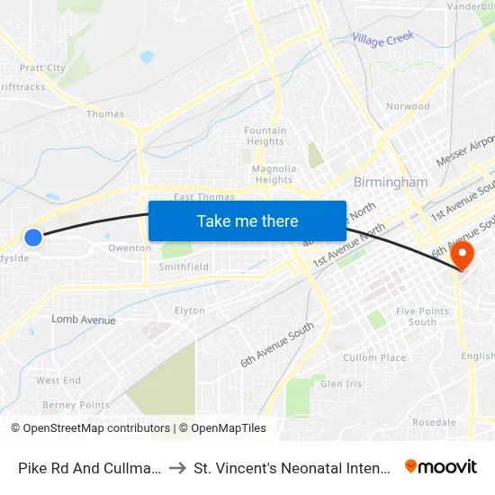 Pike Rd And Cullman Ave (Ib) to St. Vincent's Neonatal Intensive Care Unit map