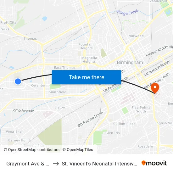 Graymont Ave & 16th St to St. Vincent's Neonatal Intensive Care Unit map