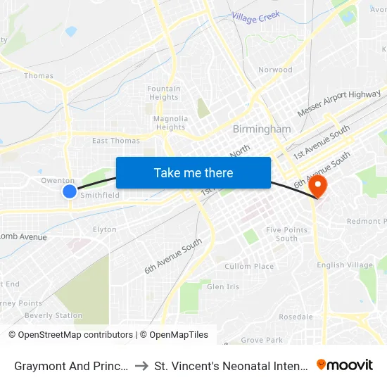 Graymont And Princeton Pkwy to St. Vincent's Neonatal Intensive Care Unit map