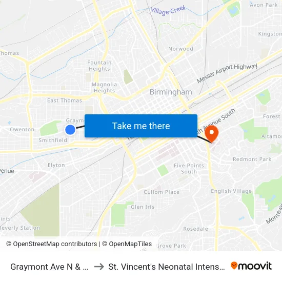 Graymont Ave N & Center St to St. Vincent's Neonatal Intensive Care Unit map