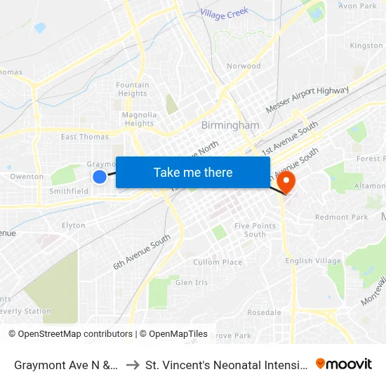 Graymont Ave N & 1st St N to St. Vincent's Neonatal Intensive Care Unit map