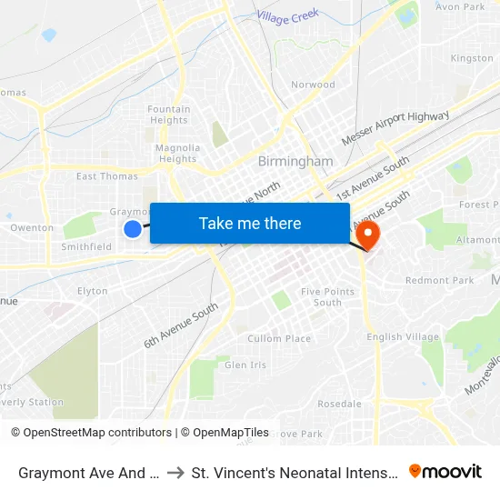 Graymont Ave And 2nd St N to St. Vincent's Neonatal Intensive Care Unit map
