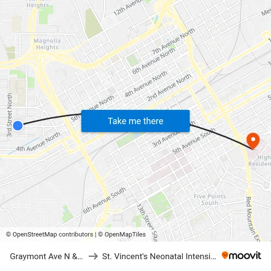 Graymont Ave N & 4th St N to St. Vincent's Neonatal Intensive Care Unit map