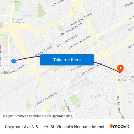 Graymont Ave N & 6th St N to St. Vincent's Neonatal Intensive Care Unit map