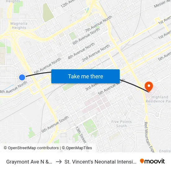Graymont Ave N & 7th St N to St. Vincent's Neonatal Intensive Care Unit map