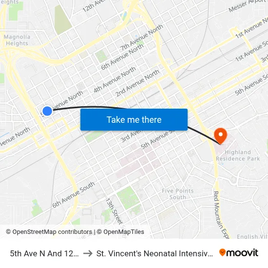 5th Ave N And 12th St N to St. Vincent's Neonatal Intensive Care Unit map