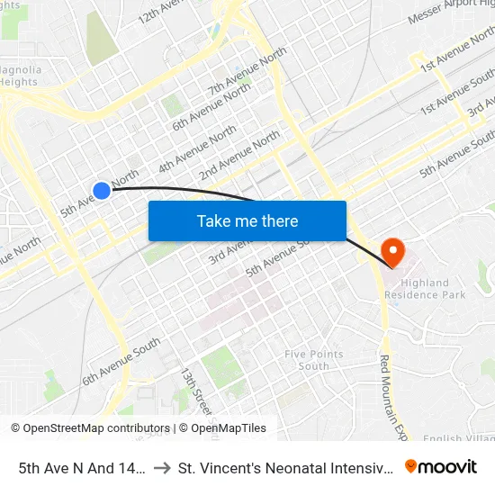 5th Ave N And 14th St N to St. Vincent's Neonatal Intensive Care Unit map