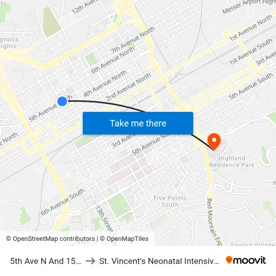 5th Ave N And 15th St N to St. Vincent's Neonatal Intensive Care Unit map