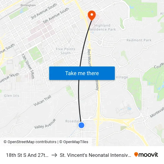 18th St S And 27th Ave S to St. Vincent's Neonatal Intensive Care Unit map
