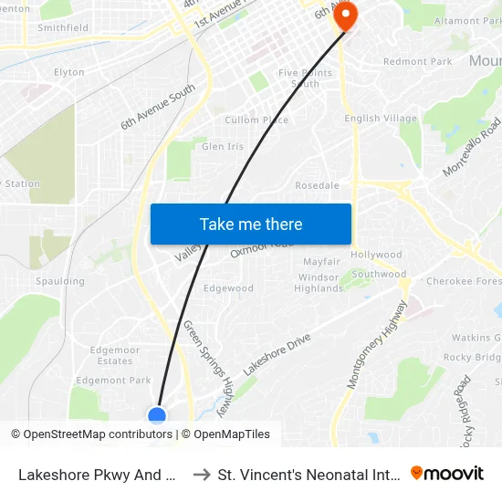 Lakeshore Pkwy And Wildwood Pkwy to St. Vincent's Neonatal Intensive Care Unit map