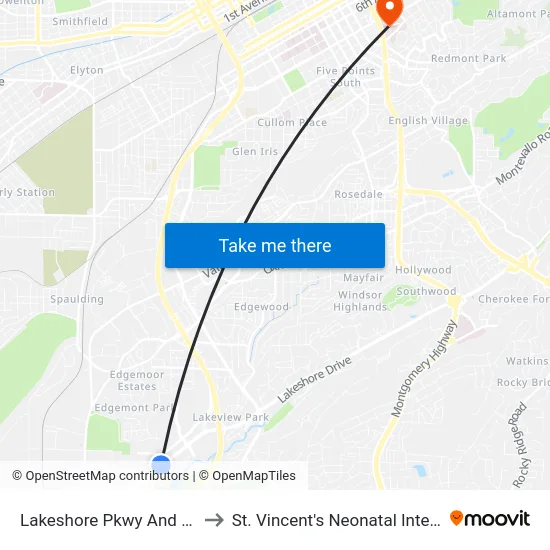 Lakeshore Pkwy And Wildwood Cir to St. Vincent's Neonatal Intensive Care Unit map