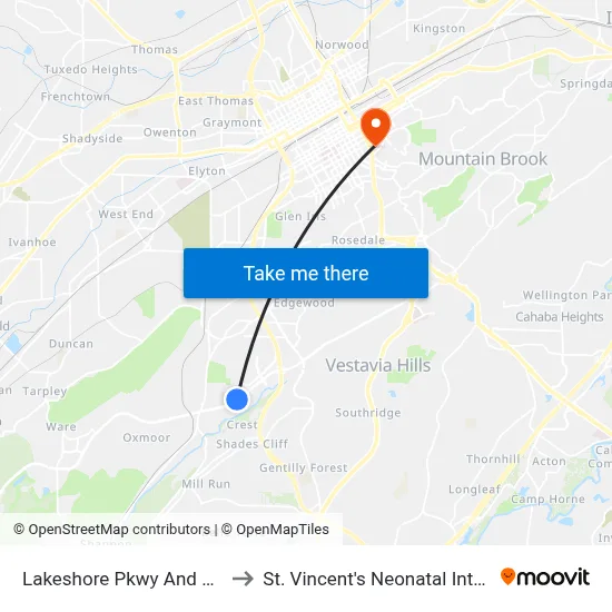Lakeshore Pkwy And John Carroll Dr to St. Vincent's Neonatal Intensive Care Unit map