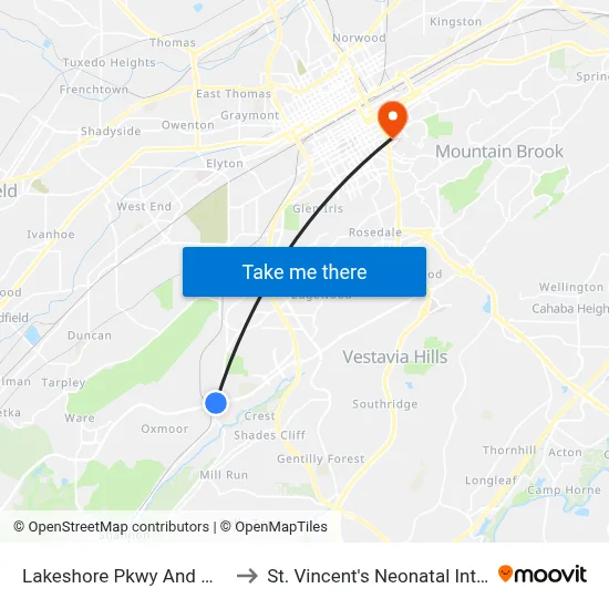 Lakeshore Pkwy And West Oxmoor Rd to St. Vincent's Neonatal Intensive Care Unit map