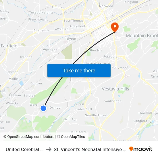 United Cerebral Palsy to St. Vincent's Neonatal Intensive Care Unit map