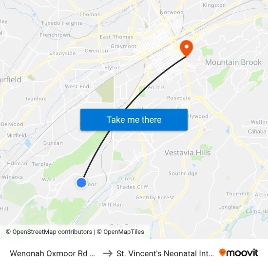 Wenonah Oxmoor Rd And Webbcircle to St. Vincent's Neonatal Intensive Care Unit map