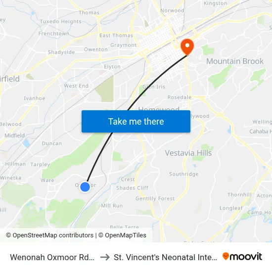 Wenonah Oxmoor Rd And Goss St to St. Vincent's Neonatal Intensive Care Unit map