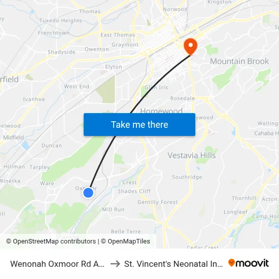 Wenonah Oxmoor Rd And Cammack Rd to St. Vincent's Neonatal Intensive Care Unit map