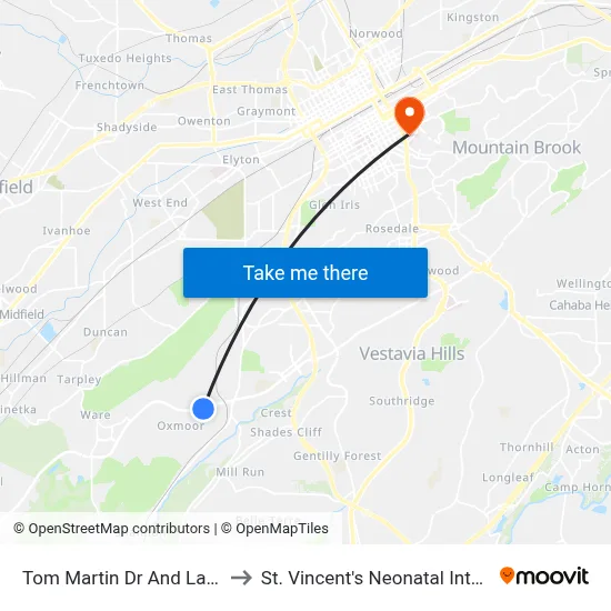Tom Martin Dr And Lakeshore Pkwy to St. Vincent's Neonatal Intensive Care Unit map