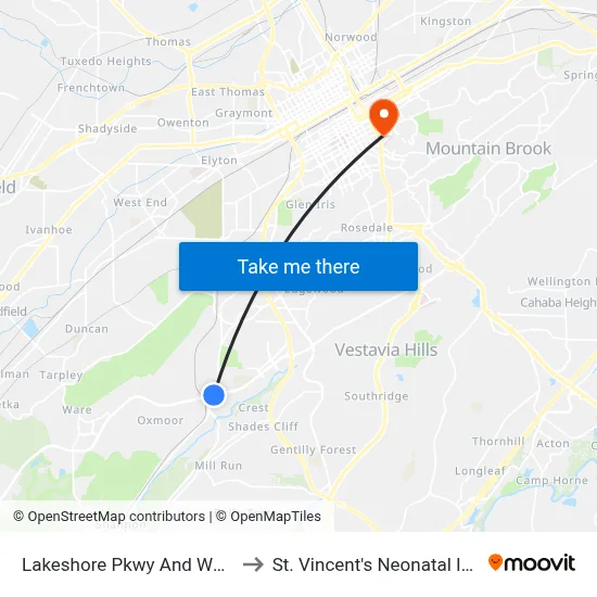 Lakeshore Pkwy And West Oxmoor Rd (Ib) to St. Vincent's Neonatal Intensive Care Unit map