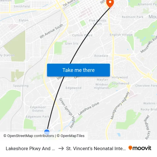 Lakeshore Pkwy And Wildwood Cir to St. Vincent's Neonatal Intensive Care Unit map