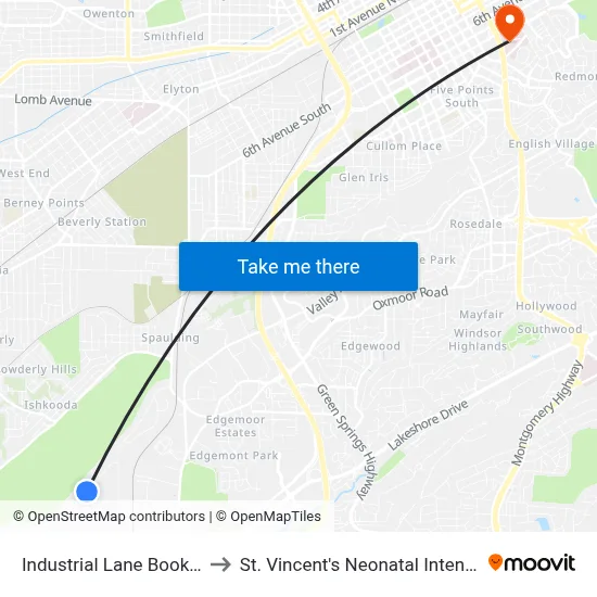 Industrial Lane Books A Million to St. Vincent's Neonatal Intensive Care Unit map