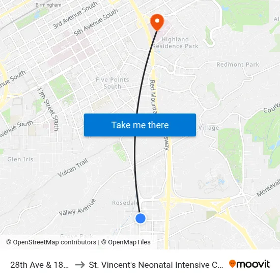 28th Ave & 18th St to St. Vincent's Neonatal Intensive Care Unit map