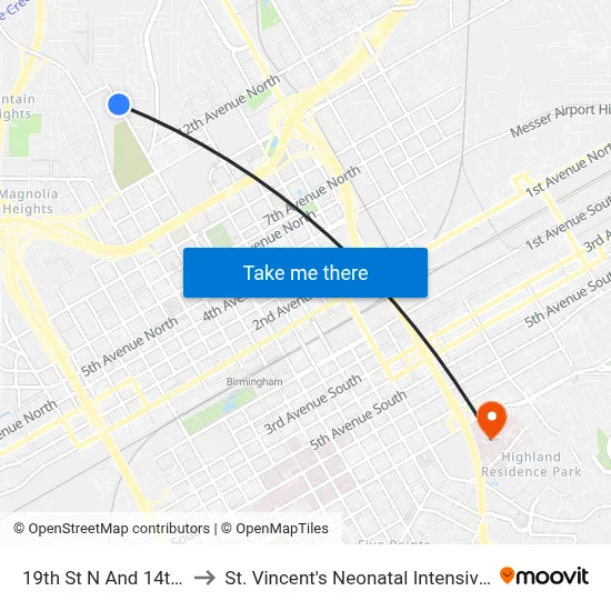 19th St N And 14th Ave N to St. Vincent's Neonatal Intensive Care Unit map
