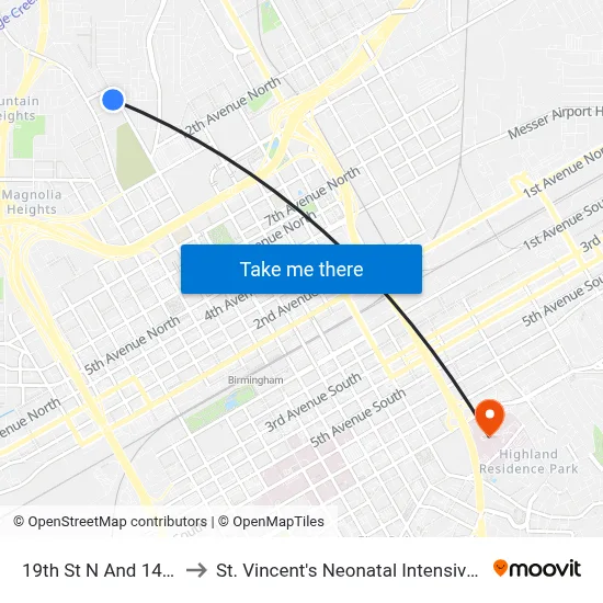 19th St N And 14th Ct N to St. Vincent's Neonatal Intensive Care Unit map