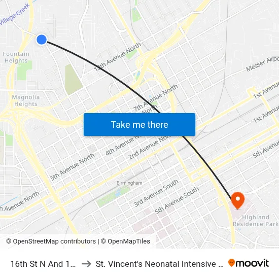 16th St N And 16th Ct to St. Vincent's Neonatal Intensive Care Unit map