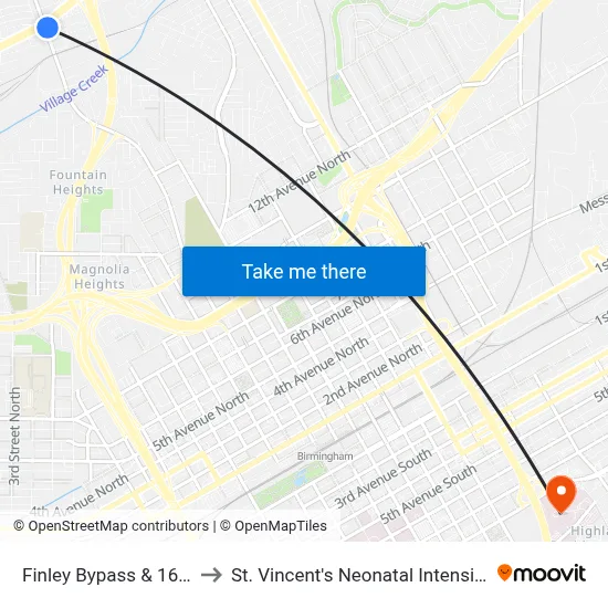 Finley Bypass & 16th Street to St. Vincent's Neonatal Intensive Care Unit map