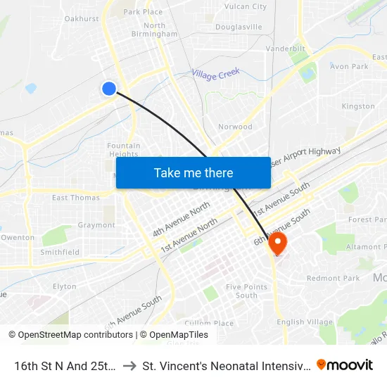16th St N And 25th Ave N to St. Vincent's Neonatal Intensive Care Unit map