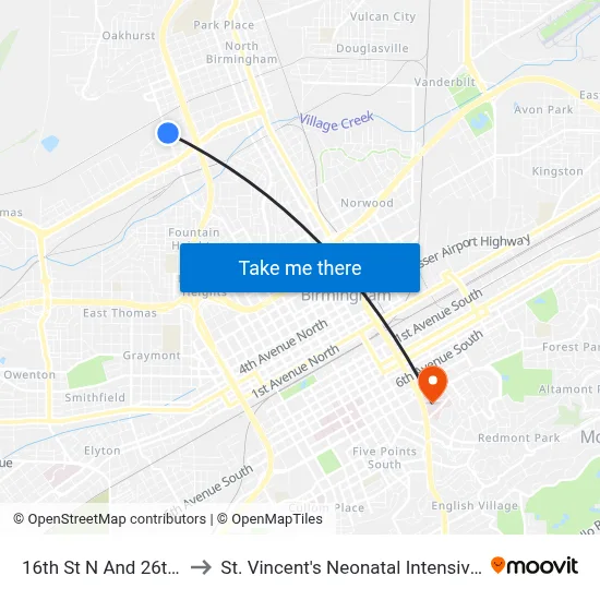 16th St N And 26th Ave N to St. Vincent's Neonatal Intensive Care Unit map