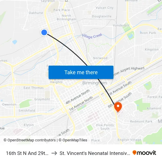 16th St N And 29th Ave N to St. Vincent's Neonatal Intensive Care Unit map
