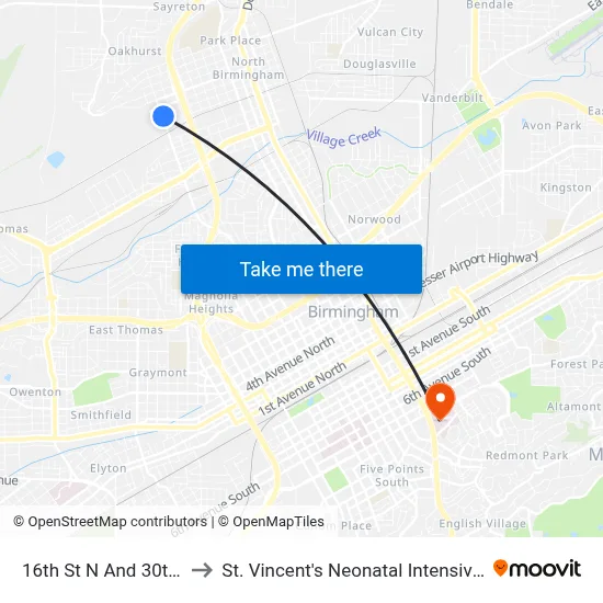 16th St N And 30th Ave N to St. Vincent's Neonatal Intensive Care Unit map