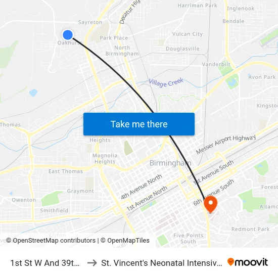1st St W And 39th Ave W to St. Vincent's Neonatal Intensive Care Unit map