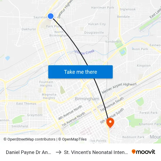 Daniel Payne Dr And 24th St N to St. Vincent's Neonatal Intensive Care Unit map
