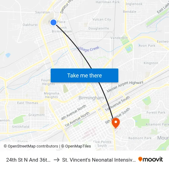 24th St N And 36th Ave N to St. Vincent's Neonatal Intensive Care Unit map