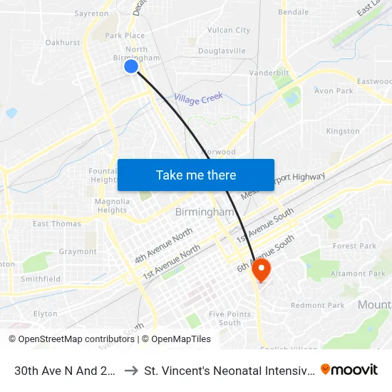 30th Ave N And 25th St N to St. Vincent's Neonatal Intensive Care Unit map