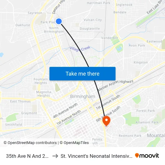 35th Ave N And 28th Pl N to St. Vincent's Neonatal Intensive Care Unit map
