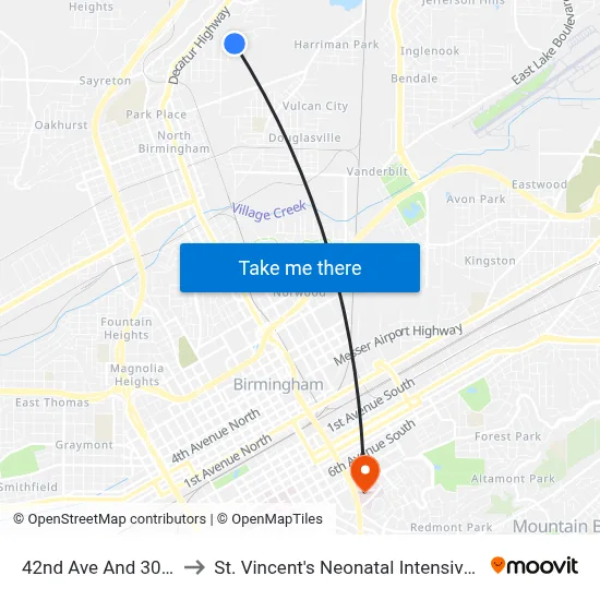 42nd Ave And 30th St N to St. Vincent's Neonatal Intensive Care Unit map